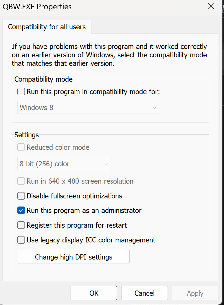 Matching the 'Run as administrator' setting for QBW.EXE