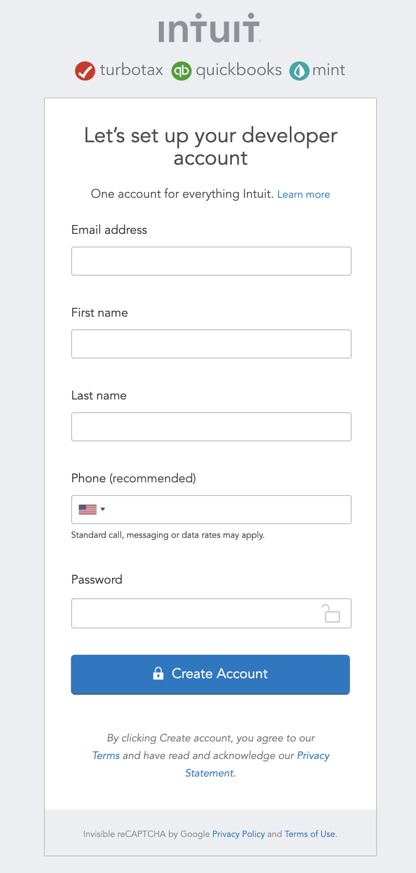Create Intuit Developer Account